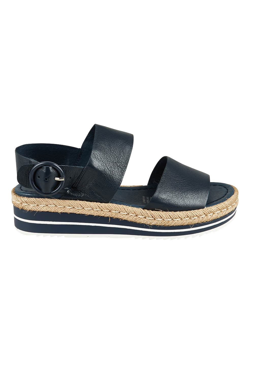Product shot of the Atha Sandal Flatform in colour Navy (Blue), from the front