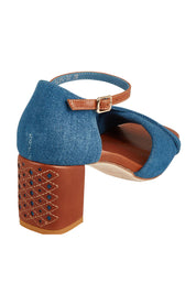 Product shot of the Jalini Heel Detail Leather Heel in colour Dkdenimtan (Blue), from the back