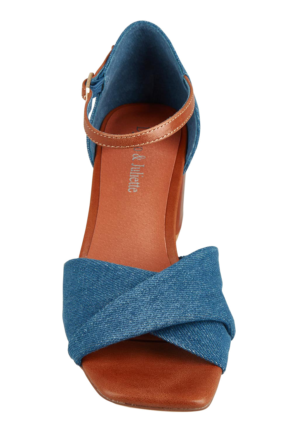 Product shot of the Jalini Heel Detail Leather Heel in colour Dkdenimtan (Blue), from the front