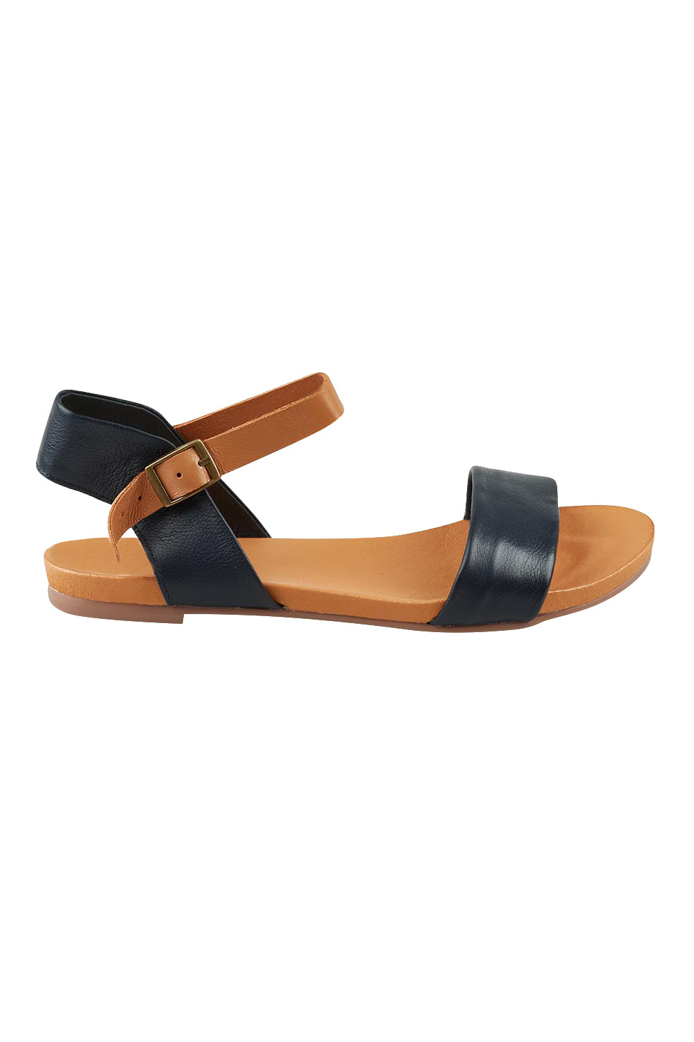Product shot of the Jinnit Leather Flat in colour Navydktan (Blue), from the front