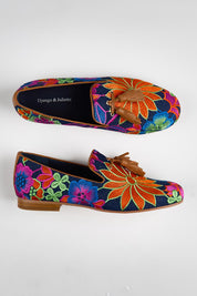 Model Genericm wearing size sample of the Reca Embroidered Loafer - Denimbright in colour Denimbright, from an angle
