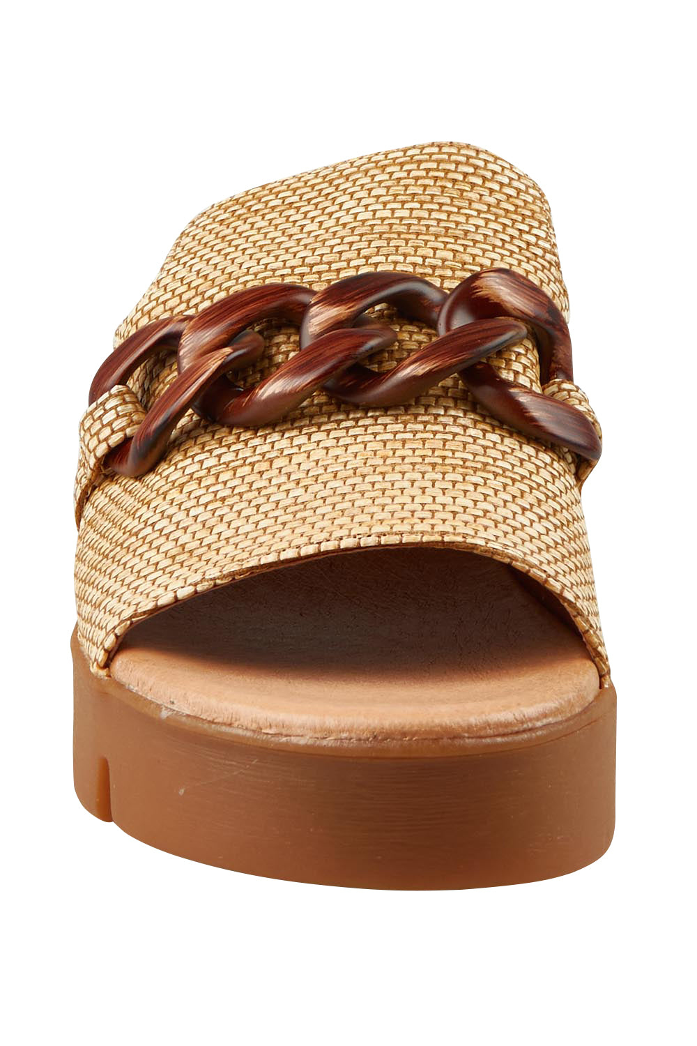Product shot of the Riley Raffia Wedge in colour Coffee, detail