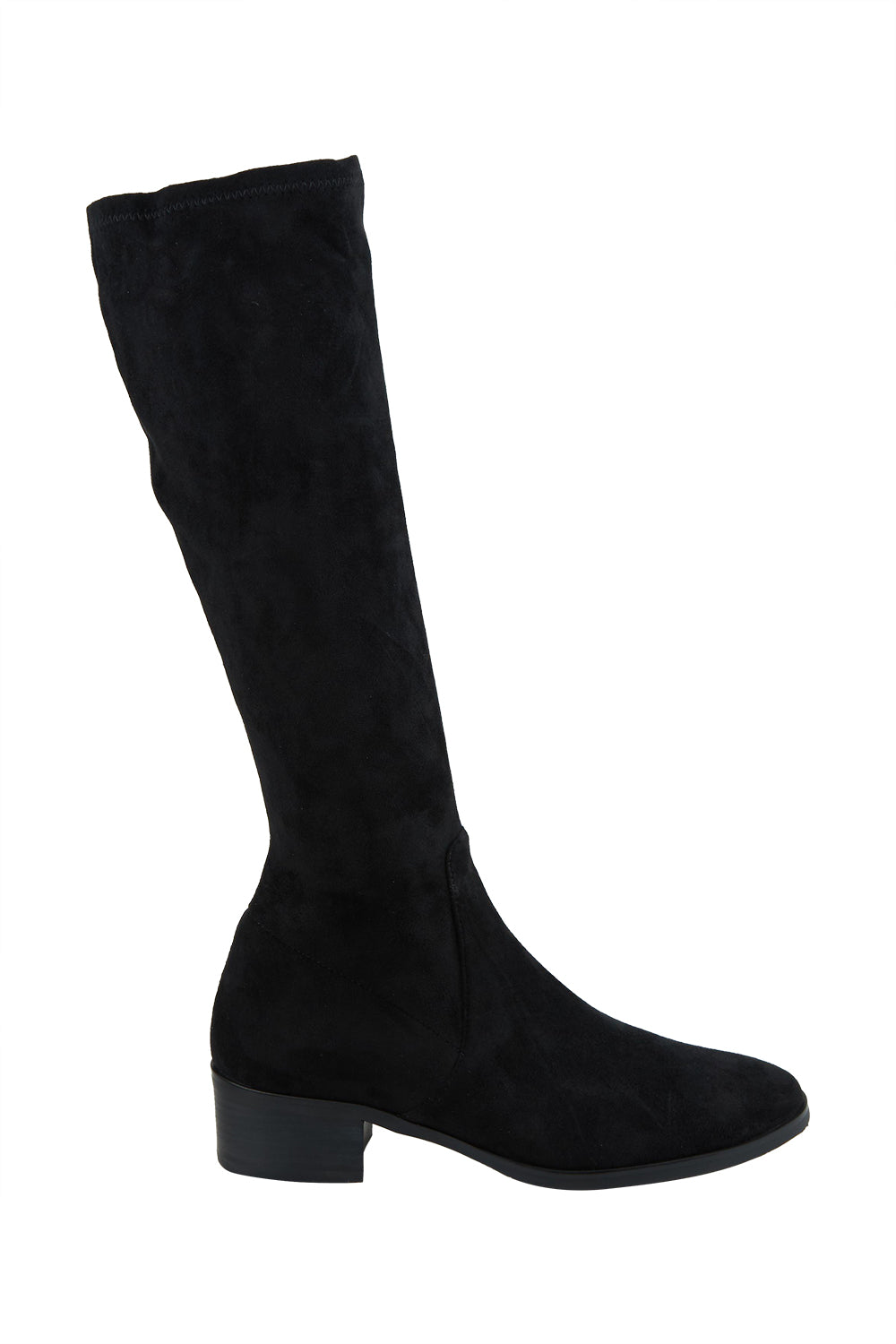 Product shot of the Timothie Microsuede Calf Boot in colour Blacksuede (Black), from the front
