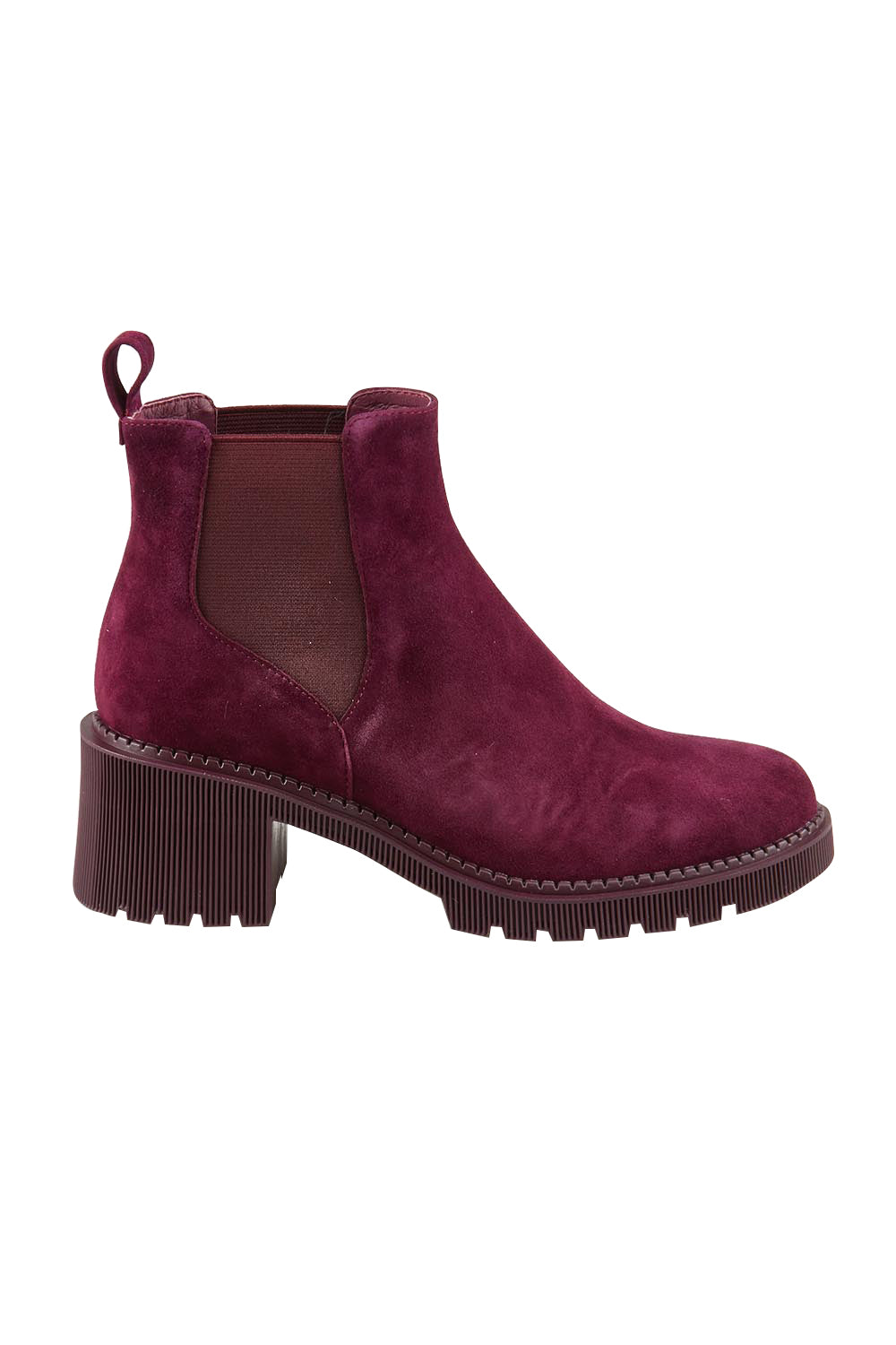 Product shot of the Zilmars Suede Ankle Boot in colour Burgansued (Red), from the front