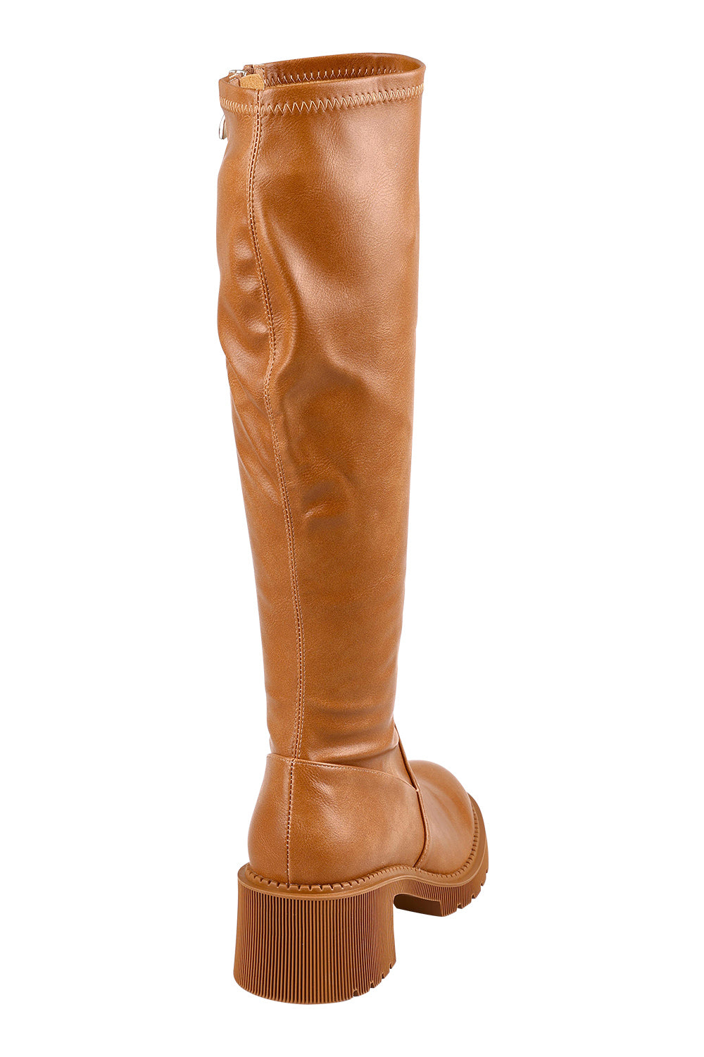 Product shot of the Zina Stretch Knee Boot in colour Tansmooth, from the back