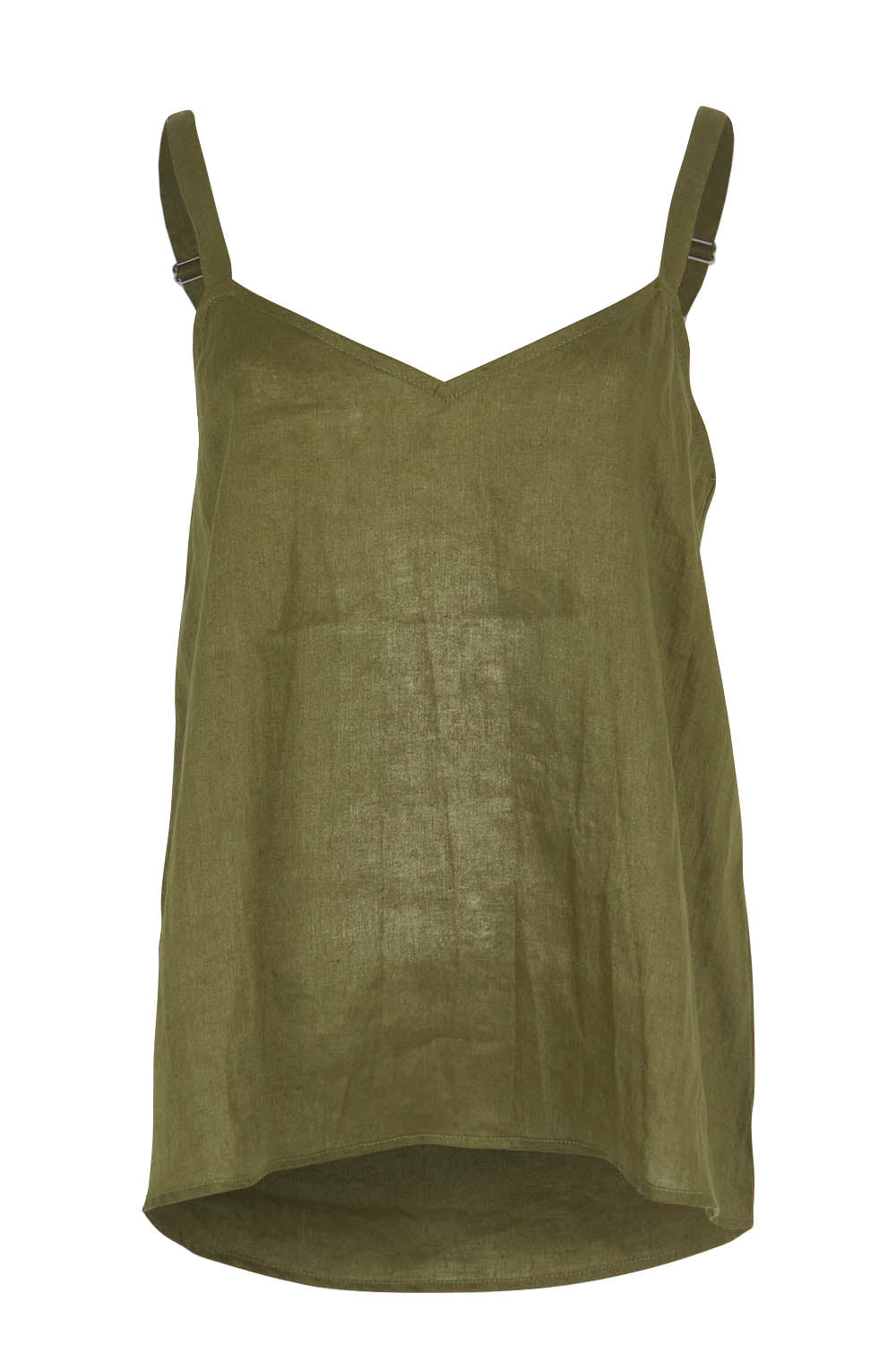 Product shot of the Studio Linen Tank in colour Khaki (Green), from the front