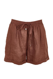 Product shot of the Studio Linen Short – Chocolate in colour Chocolate, from the front