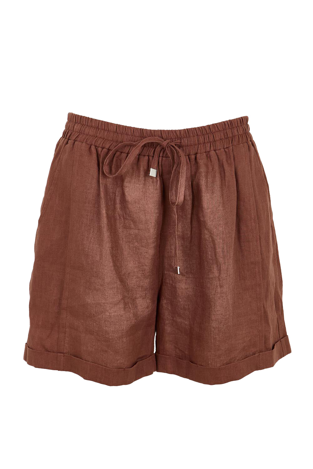Product shot of the Studio Linen Short – Chocolate in colour Chocolate, from the front