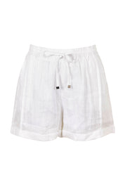 Product shot of the Studio Linen Short in colour Salt (White), from the front
