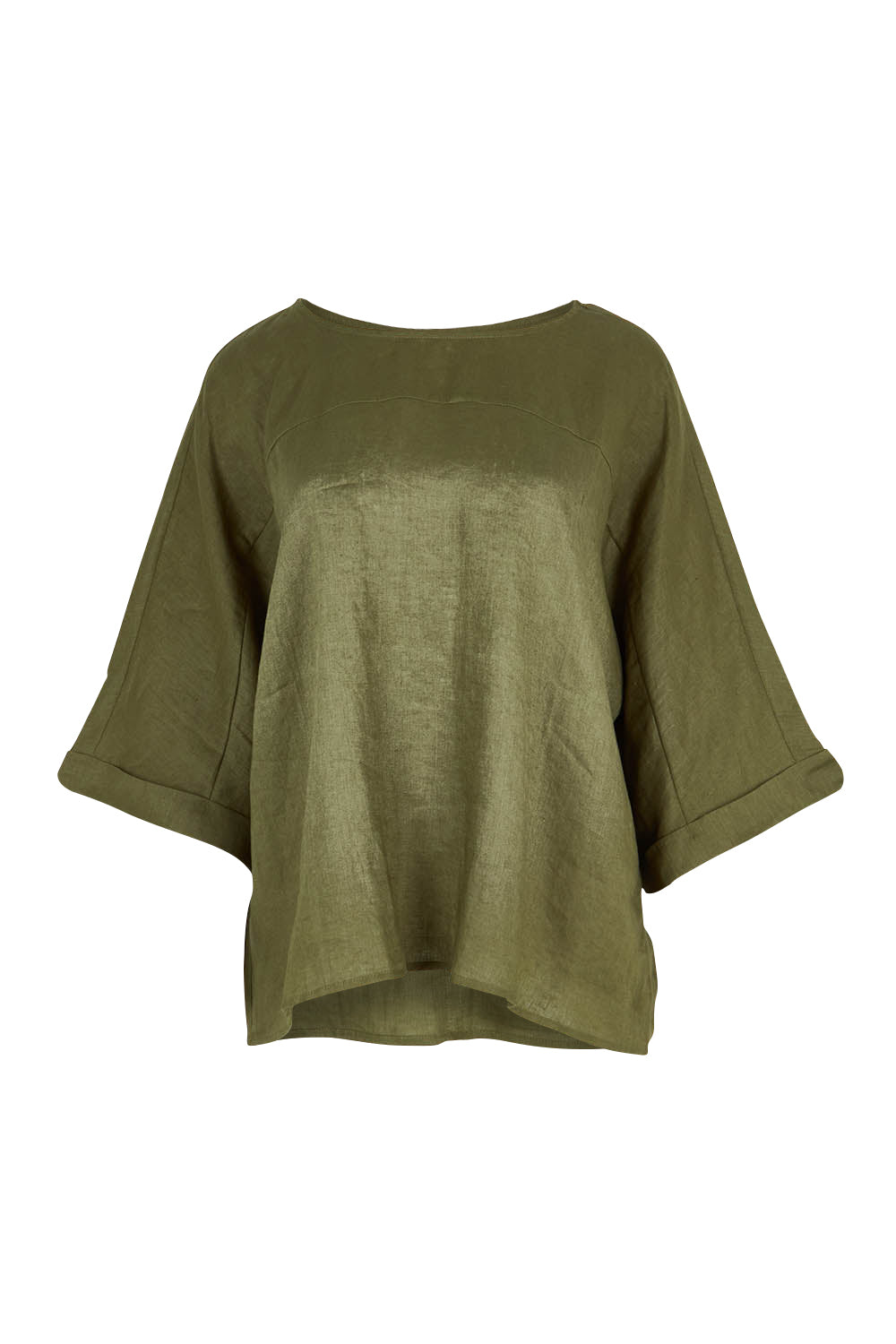 Product shot of the Studio Relaxed Top in colour Khaki (Green), from the front