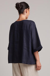 A model wearing the Studio Relaxed Top in colour Navy (Blue), from the back