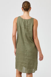 A model wearing the Studio Linen Midi Dress in colour Khaki (Green), from the back