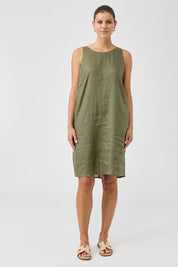 A model wearing the Studio Linen Midi Dress in colour Khaki (Green), from the front, showing the whole outfit