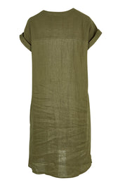Product shot of the Studio Linen Dress in colour Khaki (Green), from the back
