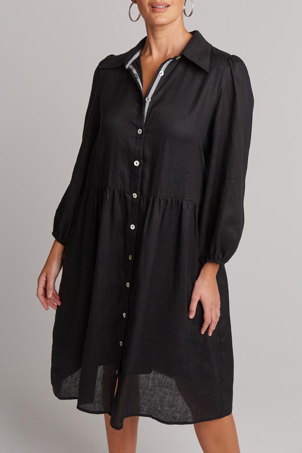 A model wearing the Studio Linen Midi Shirt Dress in colour Ebony (Black), from the front, cropped image