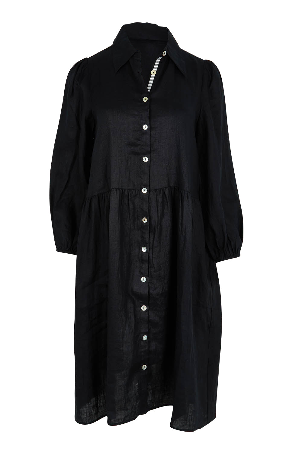 Product shot of the Studio Linen Midi Shirt Dress in colour Ebony (Black), from the front