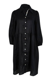 Product shot of the Studio Linen Midi Shirt Dress in colour Ebony (Black), from the front
