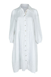 Product shot of the Studio Linen Midi Shirt Dress in colour Salt (White), from the front