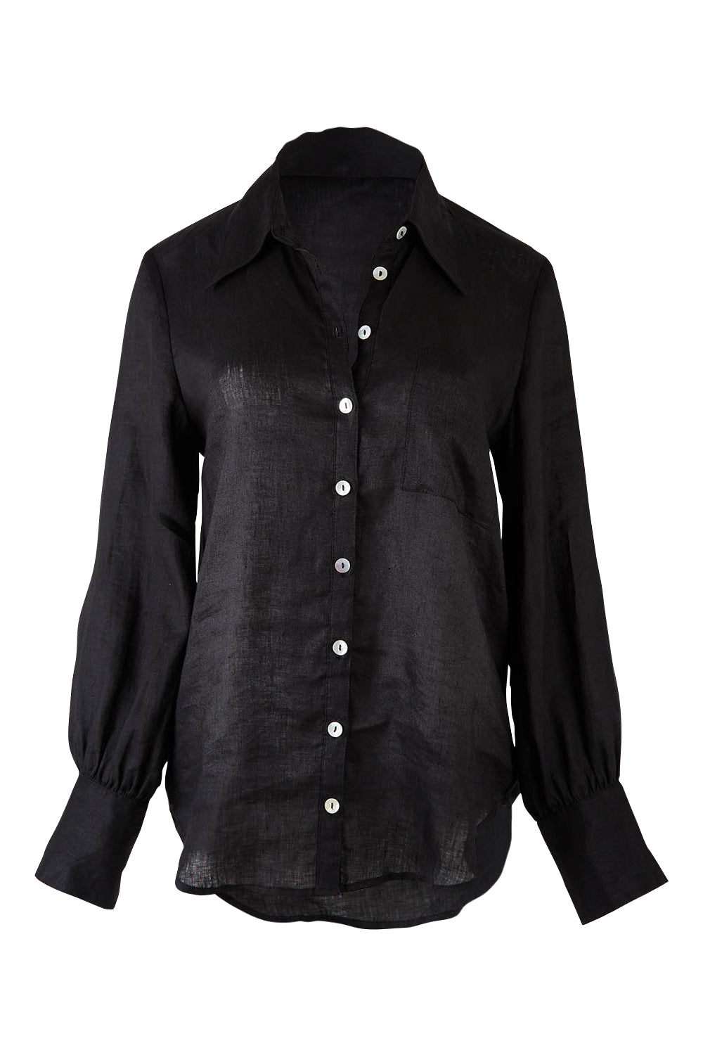 Product shot of the Studio Linen Shirt in colour Ebony (Black), from the front