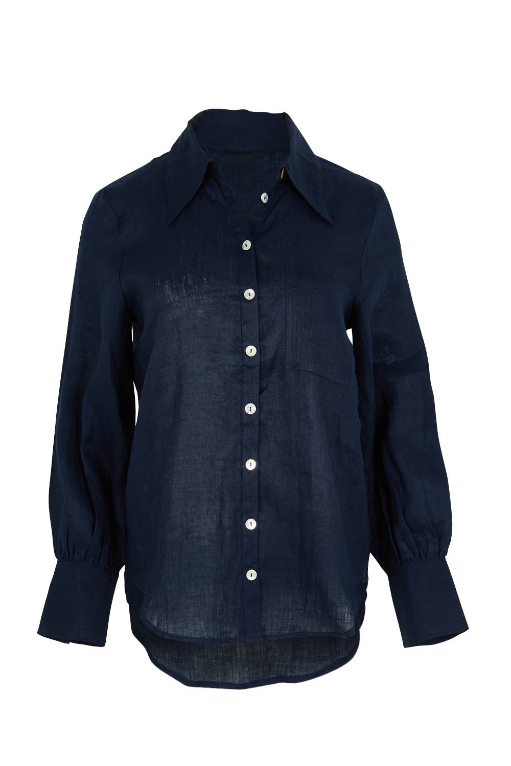 Product shot of the Studio Linen Shirt in colour Navy (Blue), from the front