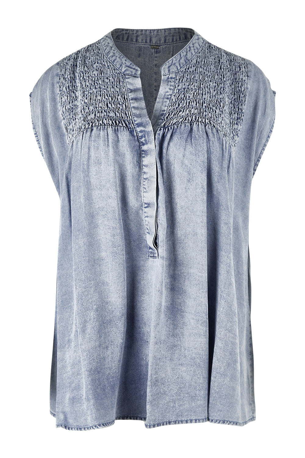 Product shot of the Elan Top in colour Denim (Blue), from the front