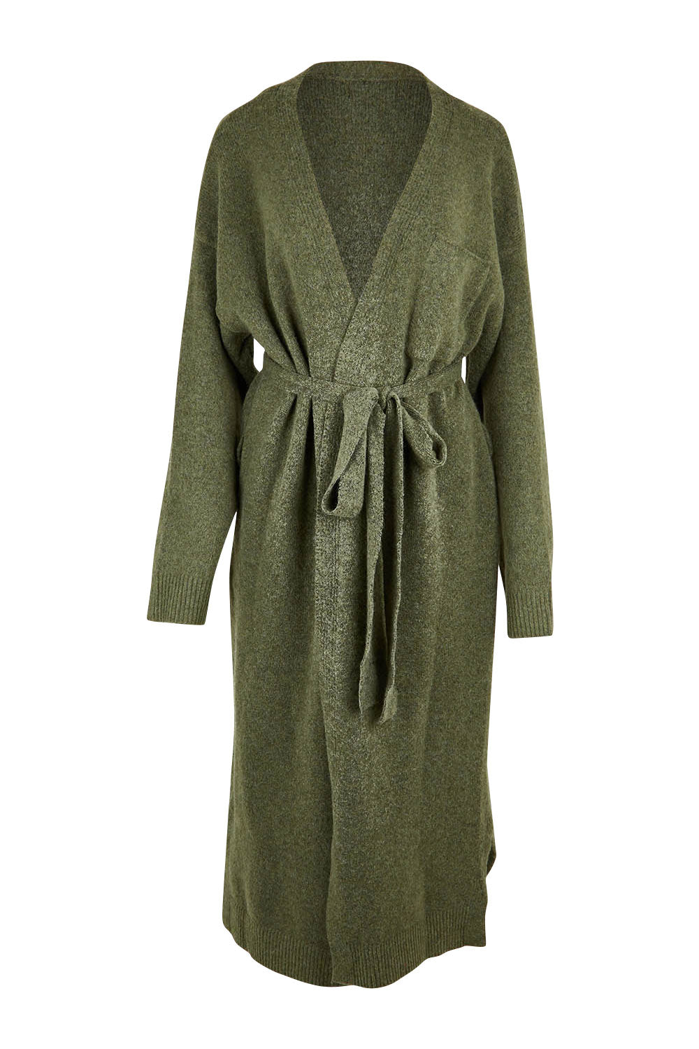 Product shot of the Paarl Longline Cardigan in colour Moss (Green), from the front