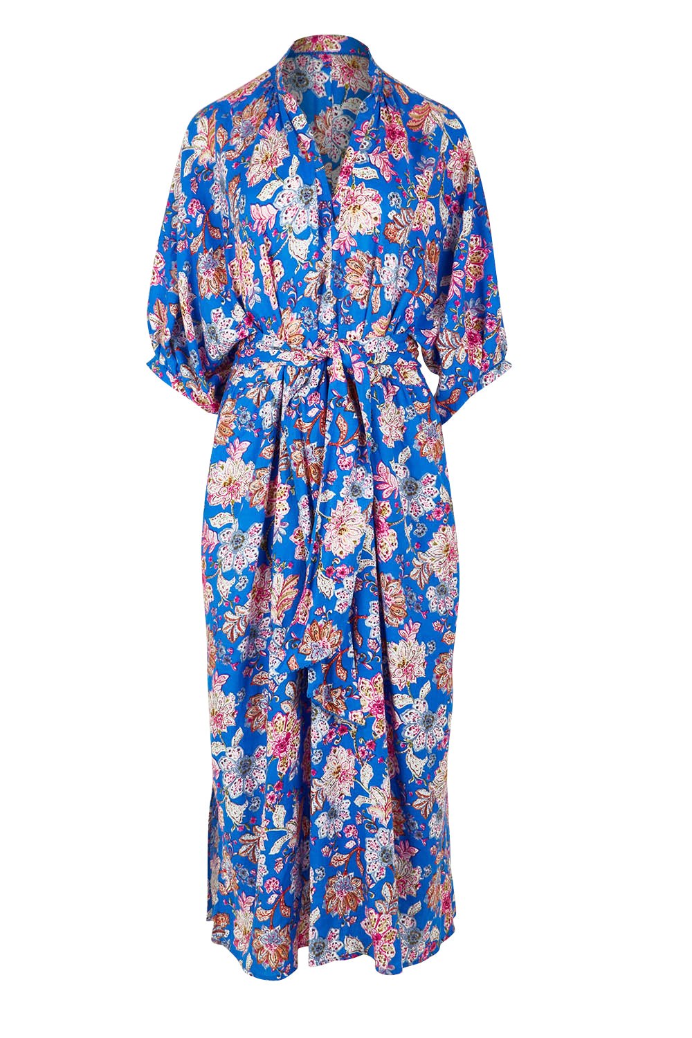 Product shot of the Seraphic Tie Dress in colour Palme (Blue), from the front