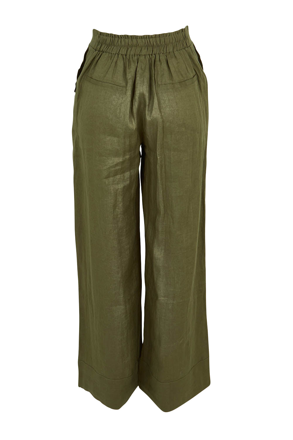 Product shot of the Studio Linen Pant in colour Khaki (Green), from the back