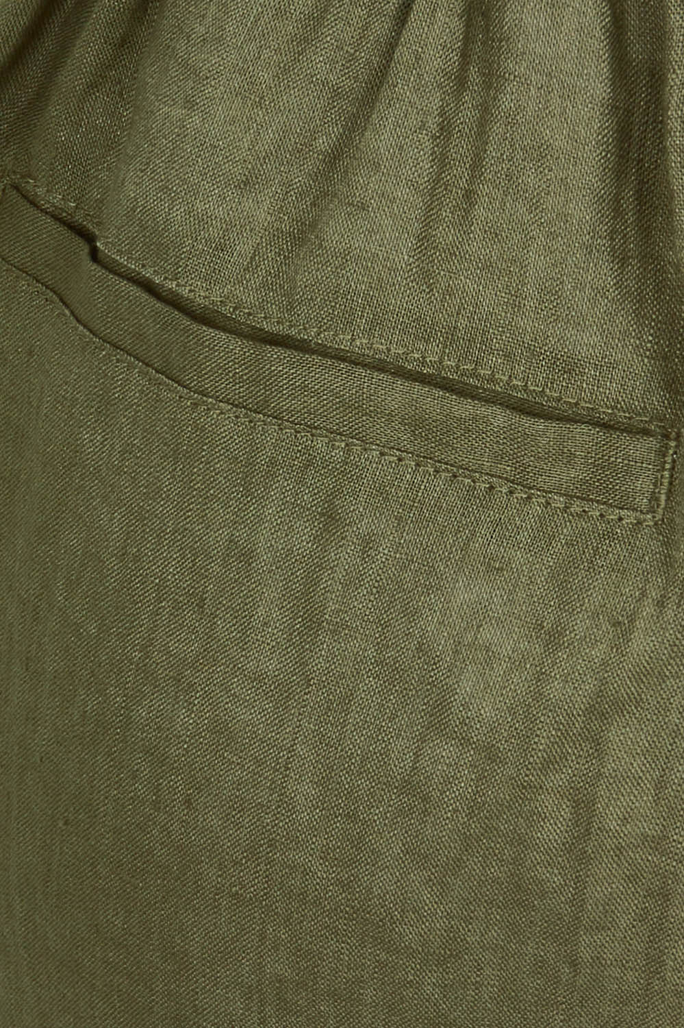 Product shot of the Studio Linen Pant in colour Khaki (Green), detail