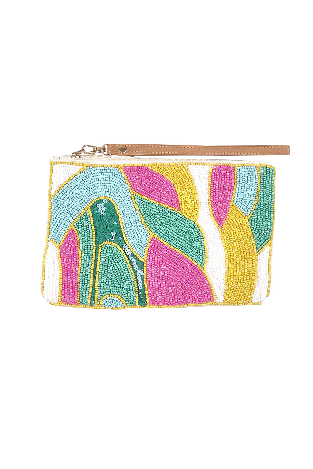 Product shot of the Elysian Beaded Pouch in colour Multi (Pink), from the front