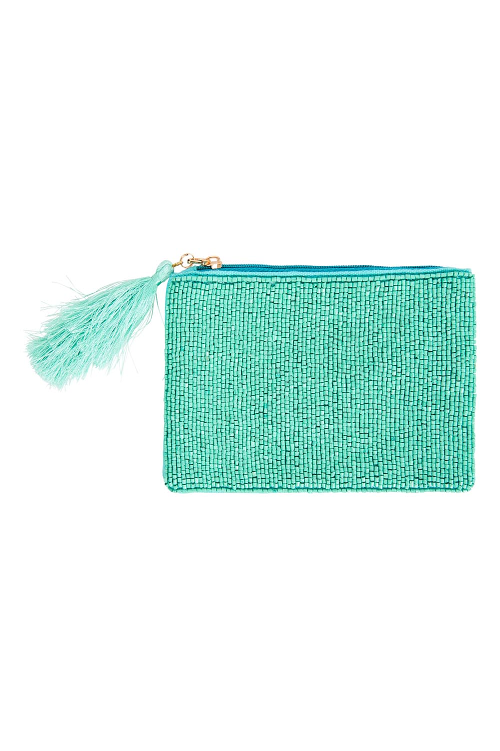 Product shot of the Playa Beaded Pouch in colour Coast (Green), from the front