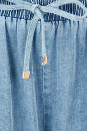 Product shot of the Pepi Wide Leg Denim Pant in colour Denim (Blue), detail