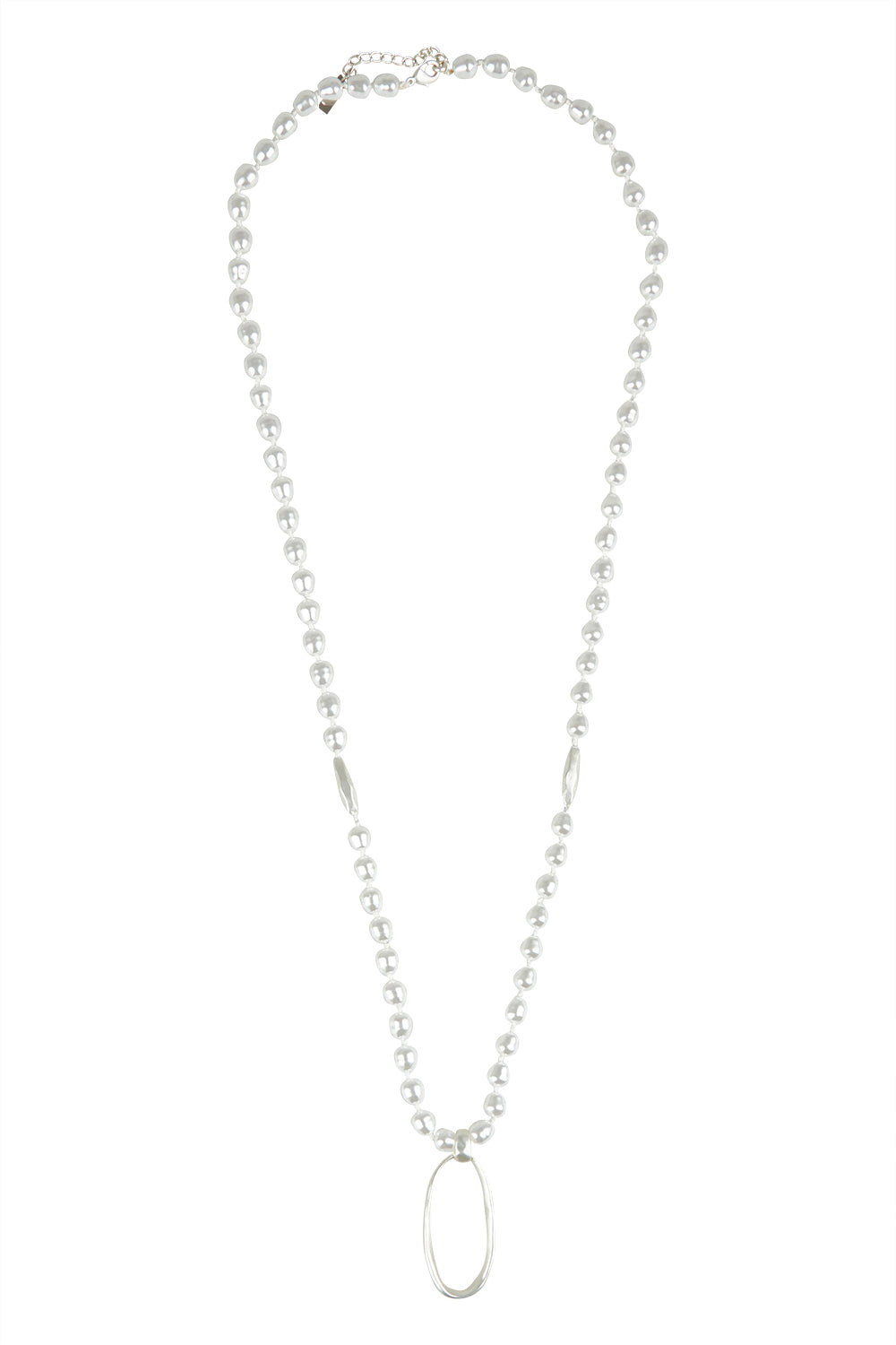 Product shot of the Laax Longline Pearl Necklace in colour Silver (Metallics), from the front