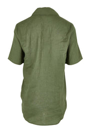Product shot of the Studio Linen Short Sleeve Shirt in colour Khaki (Green), from the back