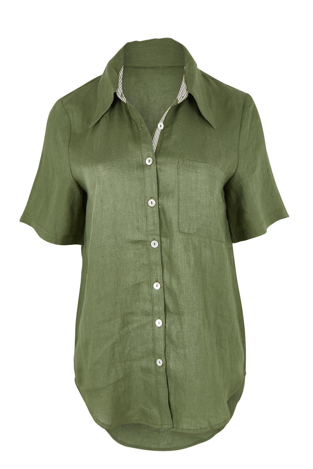 Product shot of the Studio Linen Short Sleeve Shirt in colour Khaki (Green), from the front