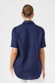 A model wearing the Studio Linen Short Sleeve Shirt in colour Navy (Blue), from the back