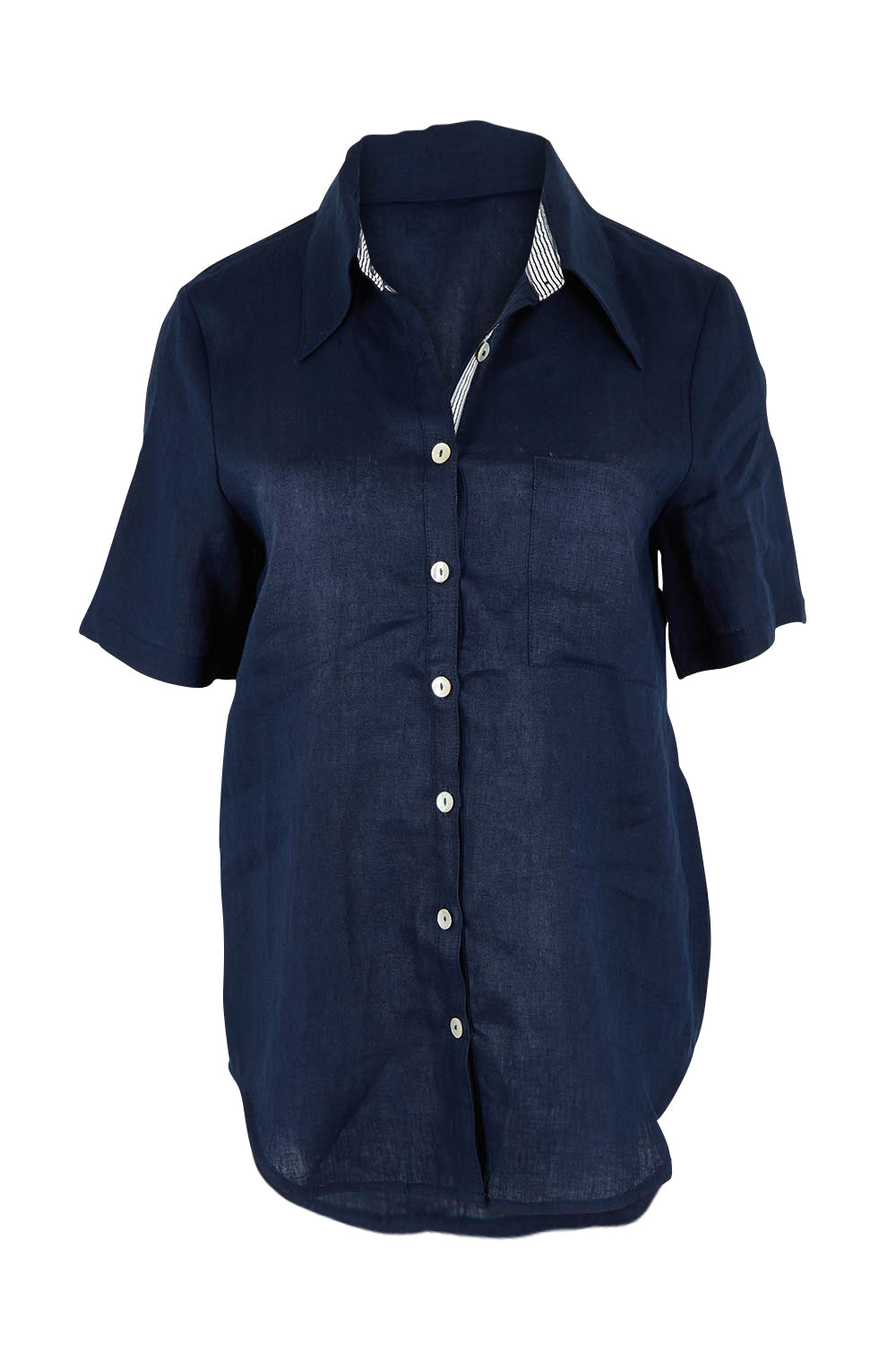 Product shot of the Studio Linen Short Sleeve Shirt in colour Navy (Blue), from the front