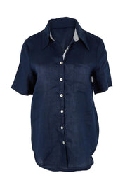 Product shot of the Studio Linen Short Sleeve Shirt in colour Navy (Blue), from the front