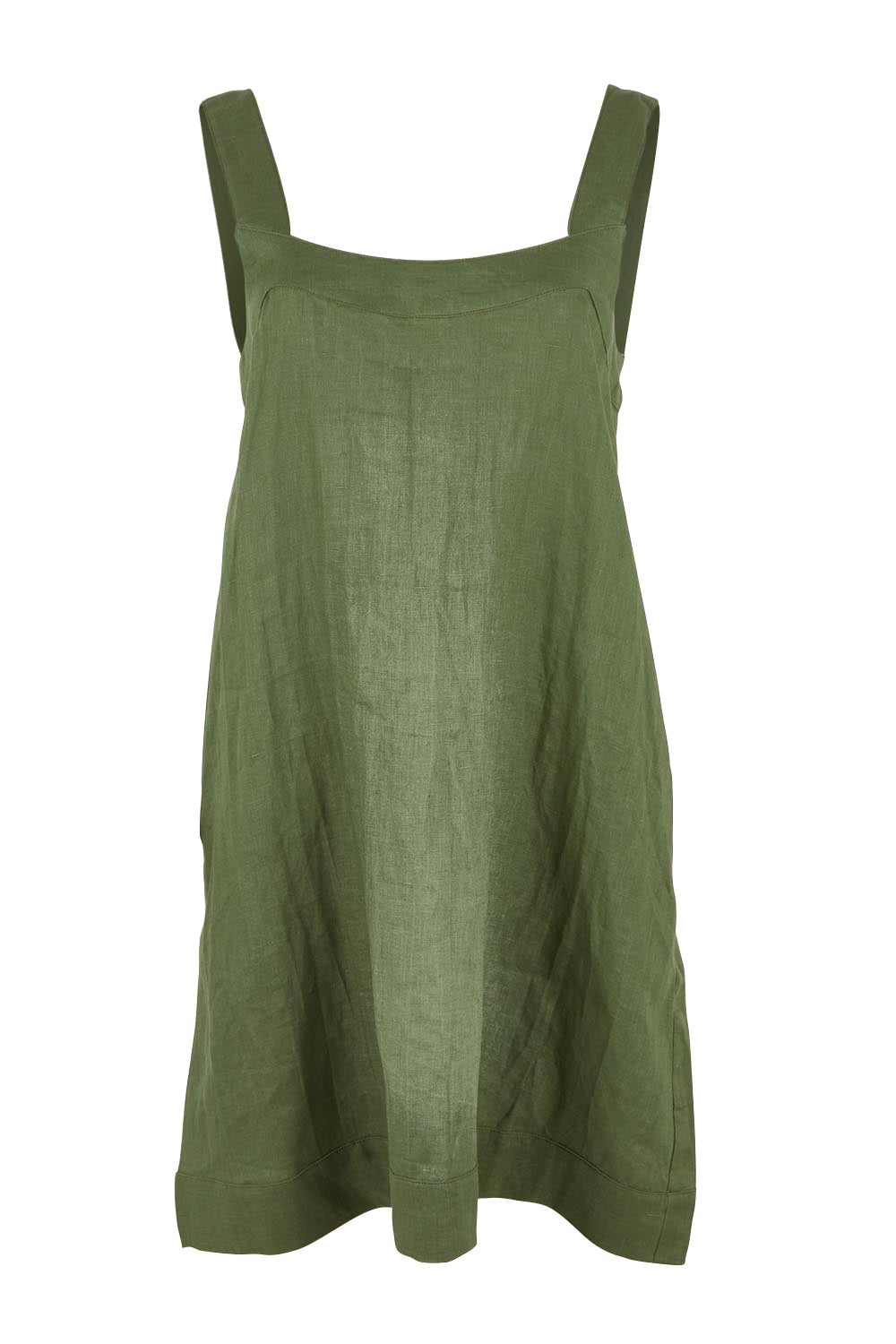 Product shot of the Studio Linen Short Tank Dress in colour Khaki (Green), from the front