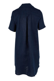 Product shot of the Studio Linen Short Shirt Dress in colour Navy (Blue), from the back