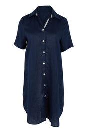 Product shot of the Studio Linen Short Shirt Dress in colour Navy (Blue), from the front