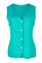 Product shot of the Miramar Linen Vest in colour Lagoon (Blue), from the front