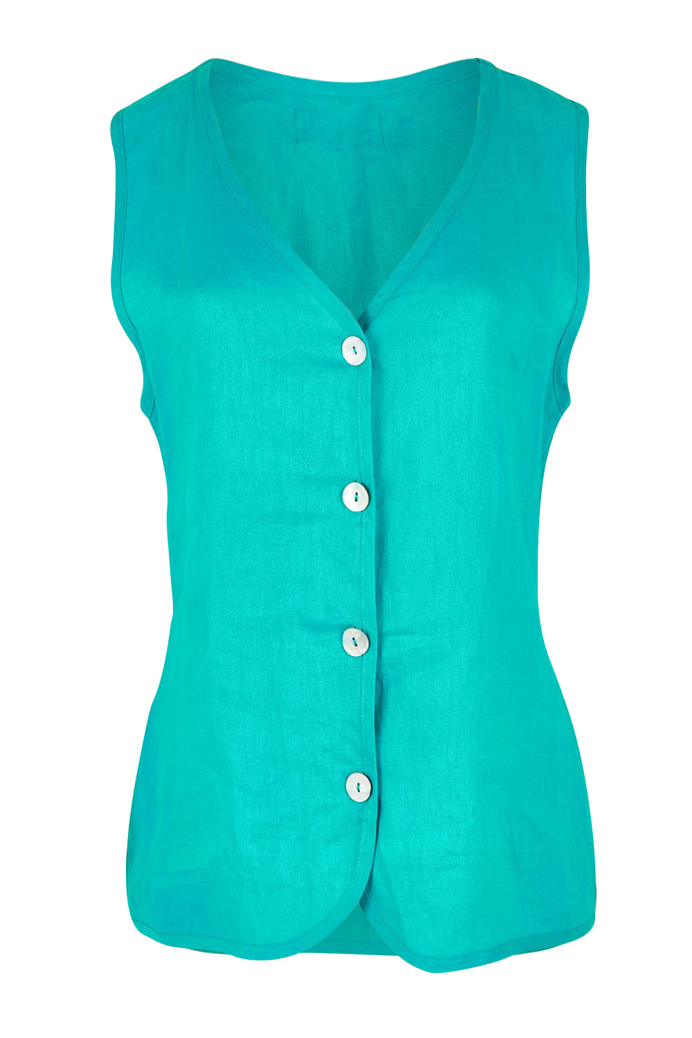Product shot of the Miramar Linen Vest in colour Lagoon (Blue), from the front