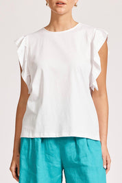 A model wearing the Francia Frill Cotton Tank in colour White (White), from the front, cropped image