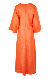 Product shot of the Miramar Twist Linen Maxi Dress in colour Coral (Red), from the back