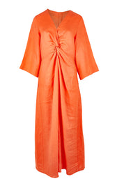 Product shot of the Miramar Twist Linen Maxi Dress in colour Coral (Red), from the front