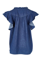 Product shot of the Melenia Denim Frill Top in colour Indigo (Blue), from the back