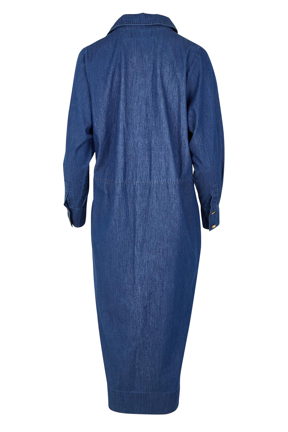 Product shot of the Melenia Denim Collared Dress in colour Indigo (Blue), from the back