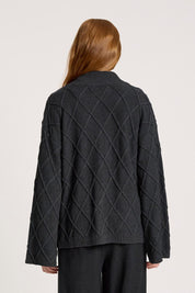 A model wearing the Liora Crop Cardigan in colour Charcoal (Black), from the front, cropped image