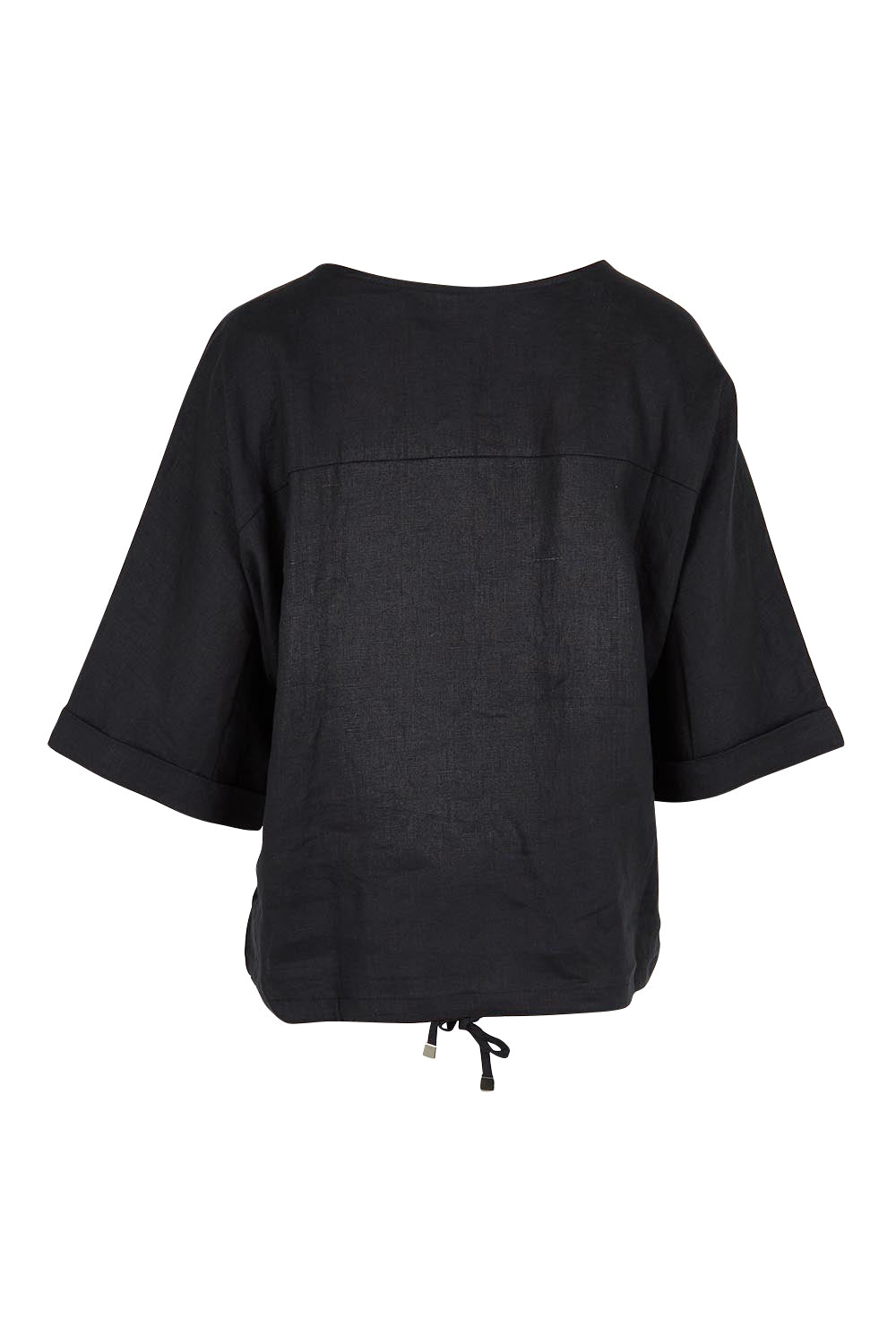 Product shot of the Studio Linen Button Top Jacket – Black in colour Black, from the back
